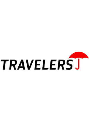 A red umbrella with the word travelers underneath it.