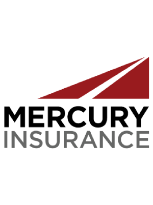 A red and white logo of mercury insurance.